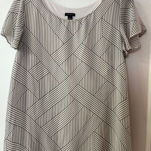 Ann Taylor Cream and Black Striped Geometric Short Sleeve Blouse